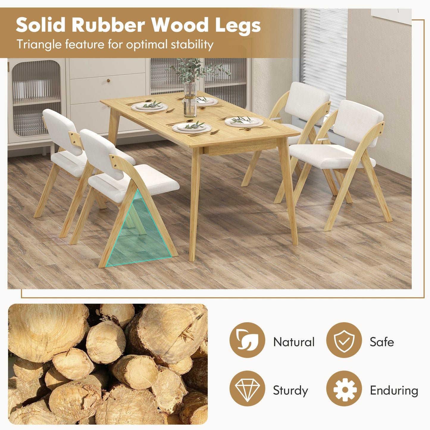Set of 2 Folding Dining Chairs with Rubber Wood Legs and Cushioned Seat - Natural