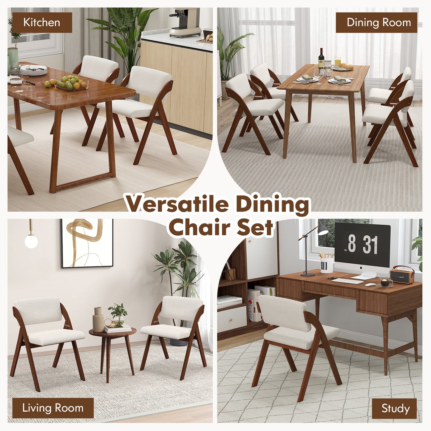 Set of 2 Folding Dining Chairs with Rubber Wood Legs and Cushioned Seat - Walnut