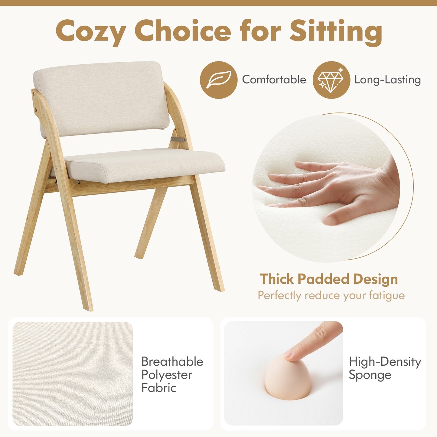 Set of 2 Folding Dining Chairs with Rubber Wood Legs and Cushioned Seat - Natural