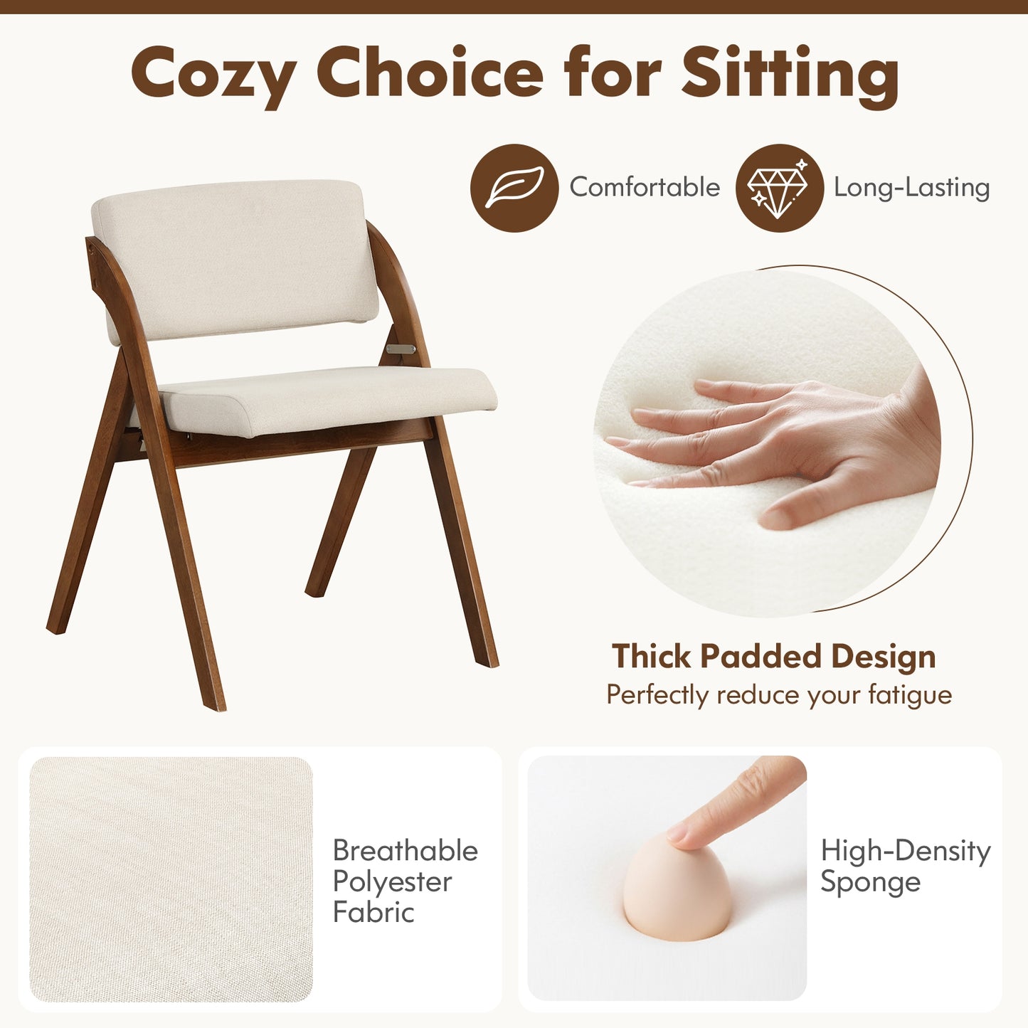 Set of 2 Folding Dining Chairs with Rubber Wood Legs and Cushioned Seat - Walnut