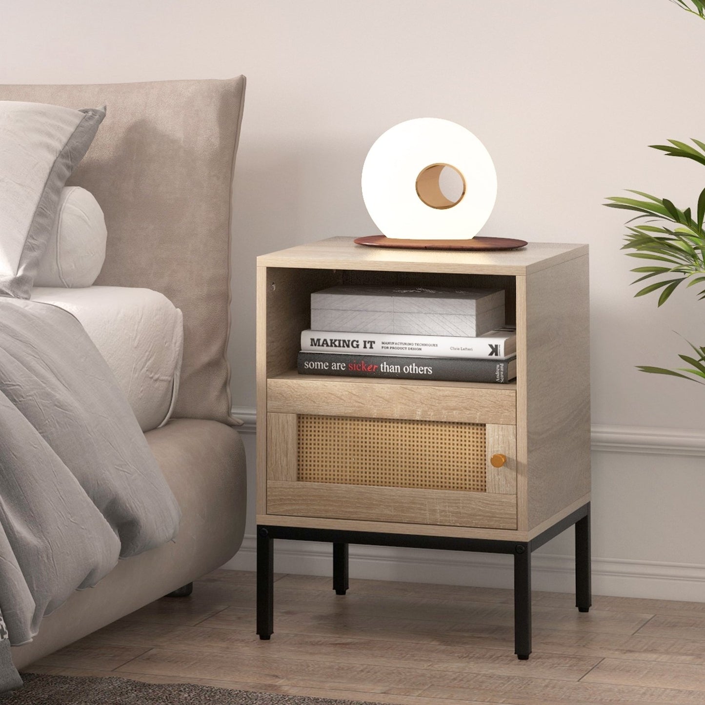 Boho Style Accent Table with Open Shelf and Storage Cabinet