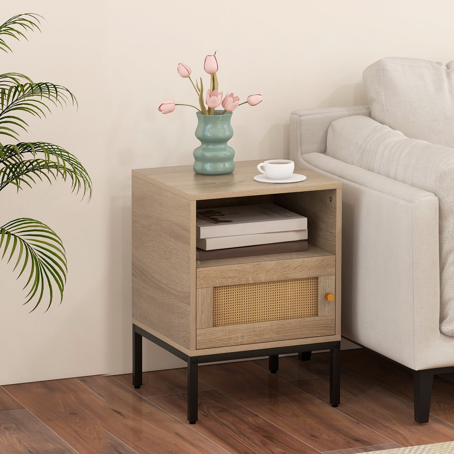 Boho Style Accent Table with Open Shelf and Storage Cabinet