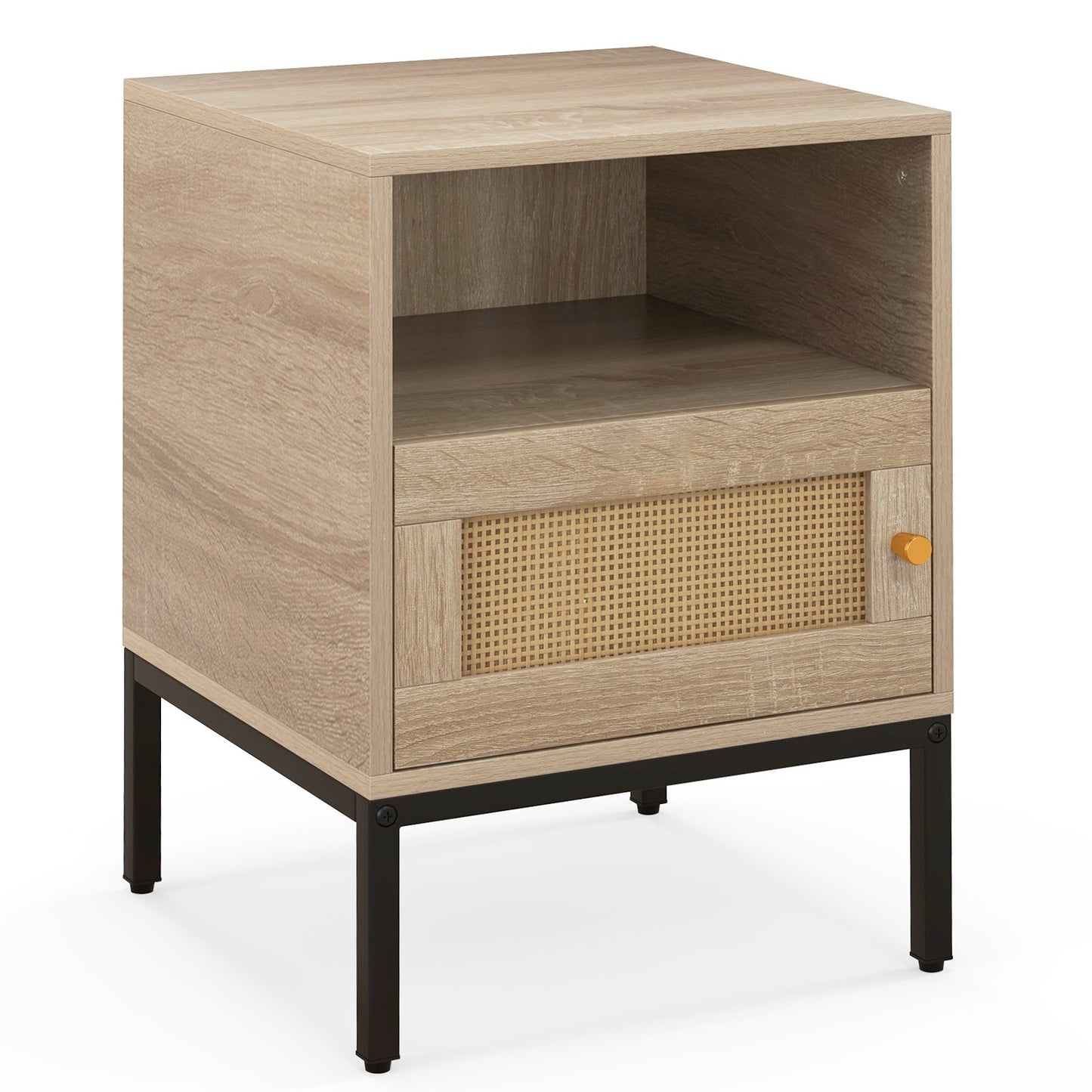 Boho Style Accent Table with Open Shelf and Storage Cabinet