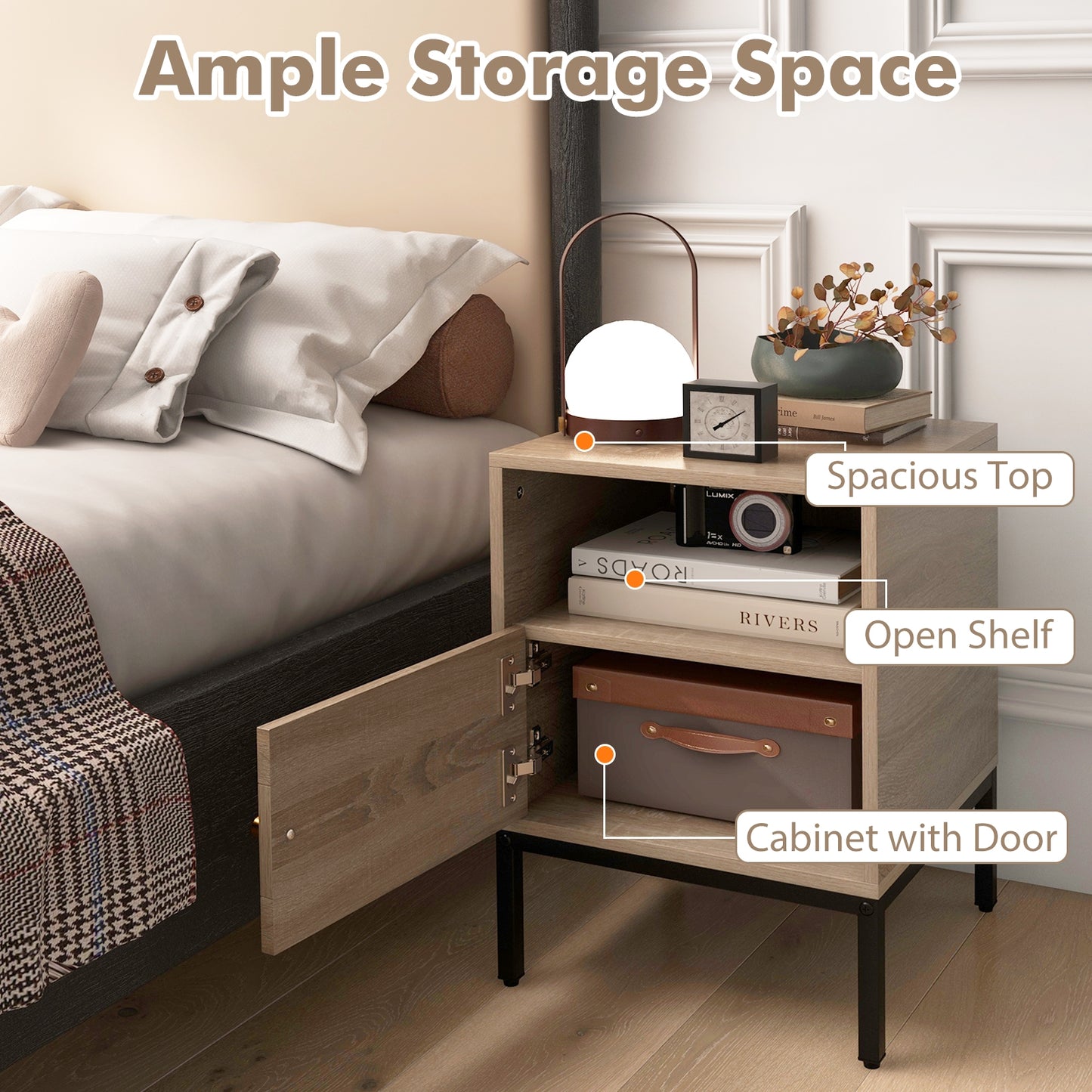 Boho Style Accent Table with Open Shelf and Storage Cabinet