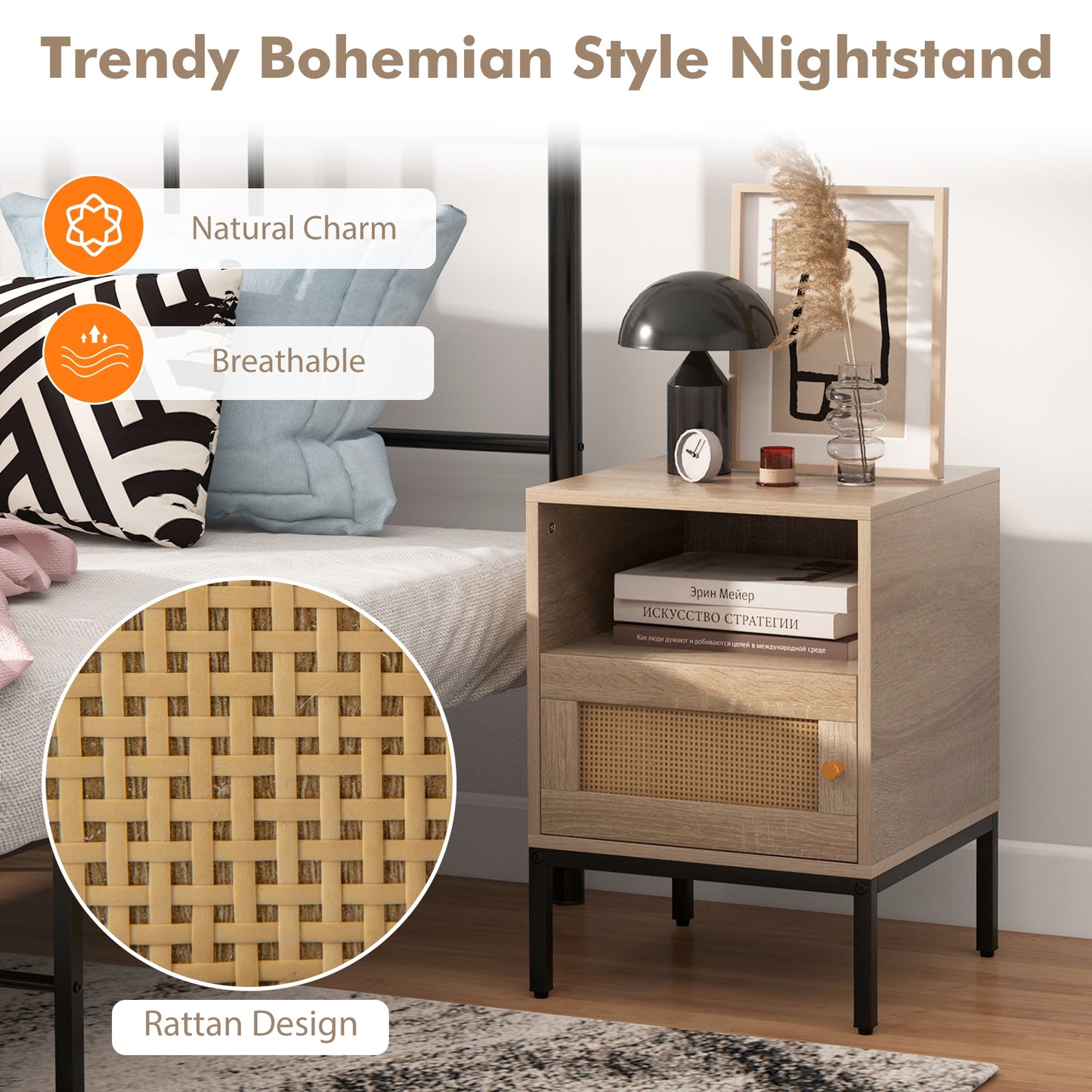 Boho Style Accent Table with Open Shelf and Storage Cabinet