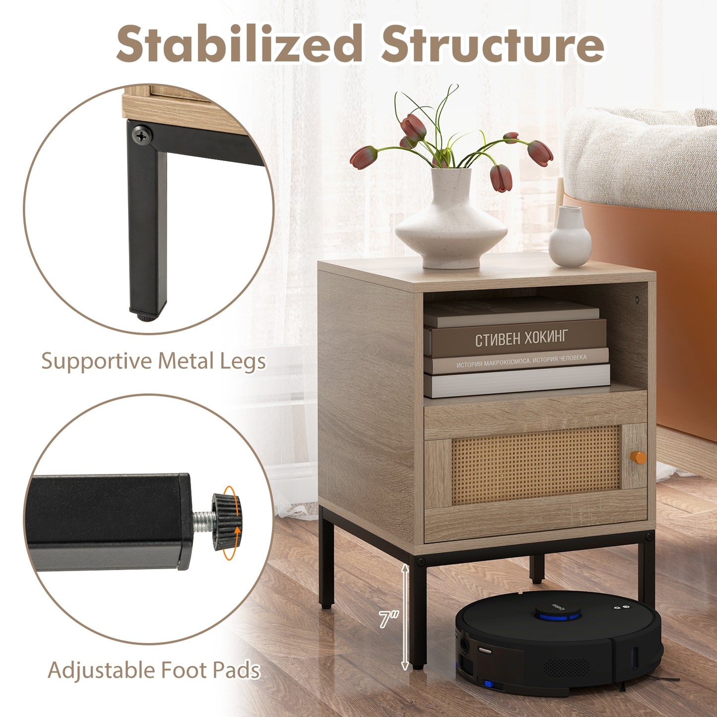 Boho Style Accent Table with Open Shelf and Storage Cabinet