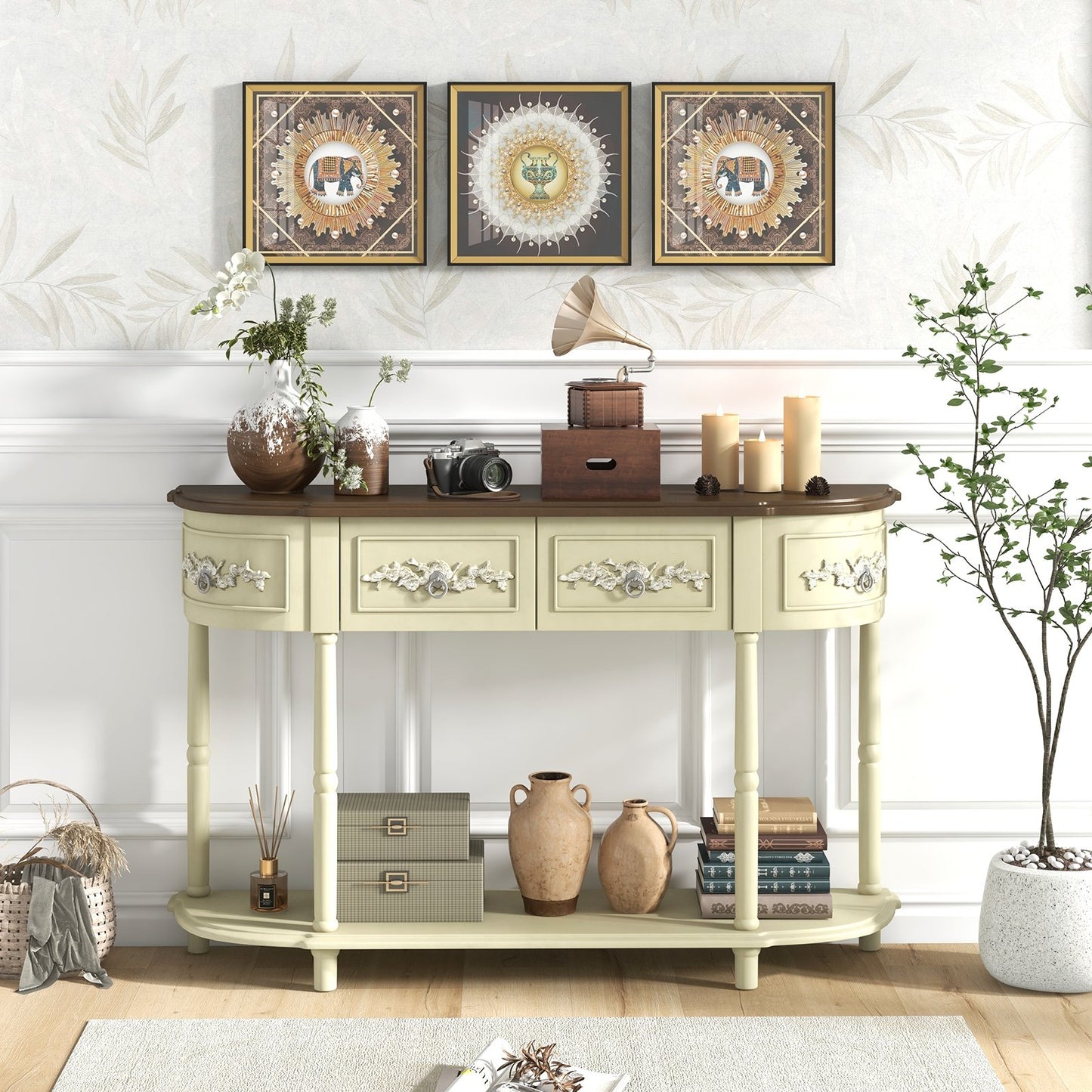 Vintage Curved Console Table with Storage Drawers and Solid Wood Legs