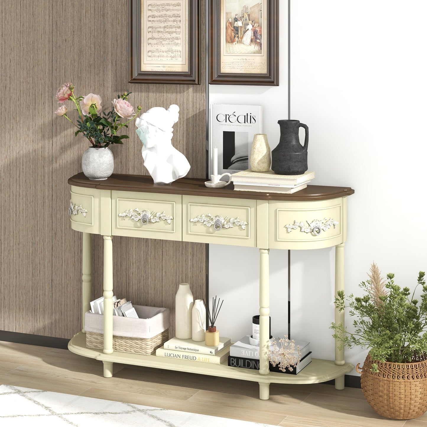 Vintage Curved Console Table with Storage Drawers and Solid Wood Legs