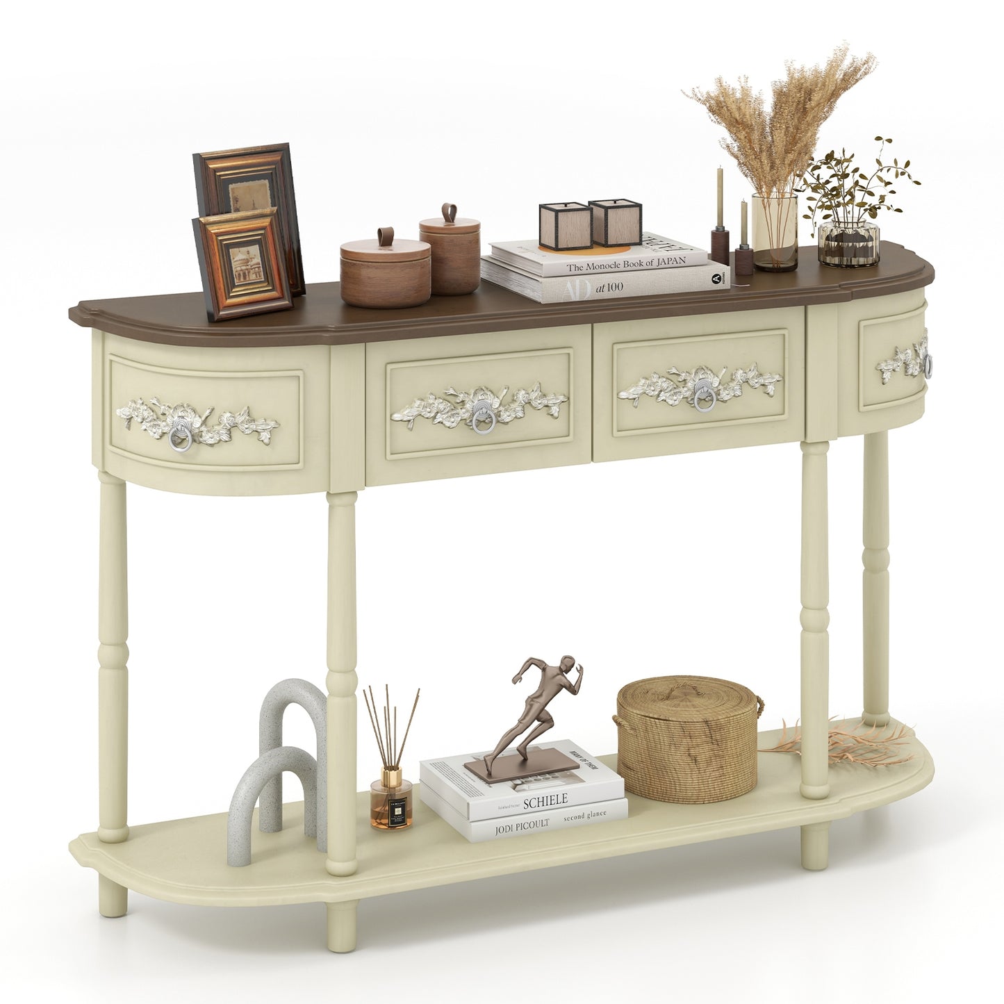 Vintage Curved Console Table with Storage Drawers and Solid Wood Legs