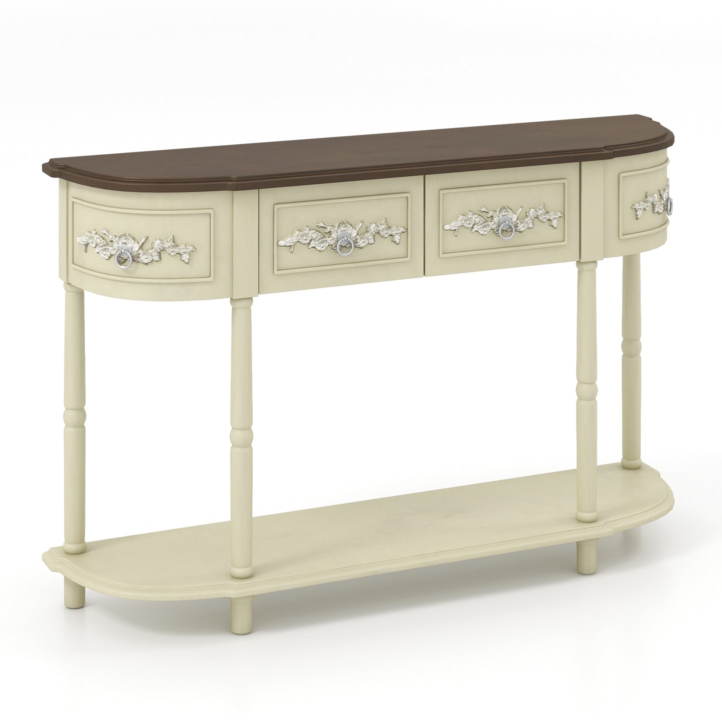 Vintage Curved Console Table with Storage Drawers and Solid Wood Legs