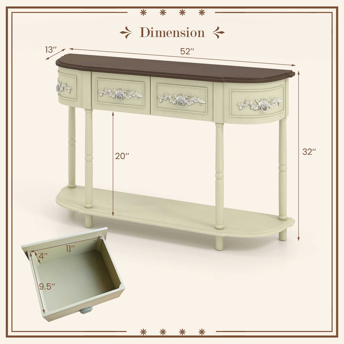 Vintage Curved Console Table with Storage Drawers and Solid Wood Legs