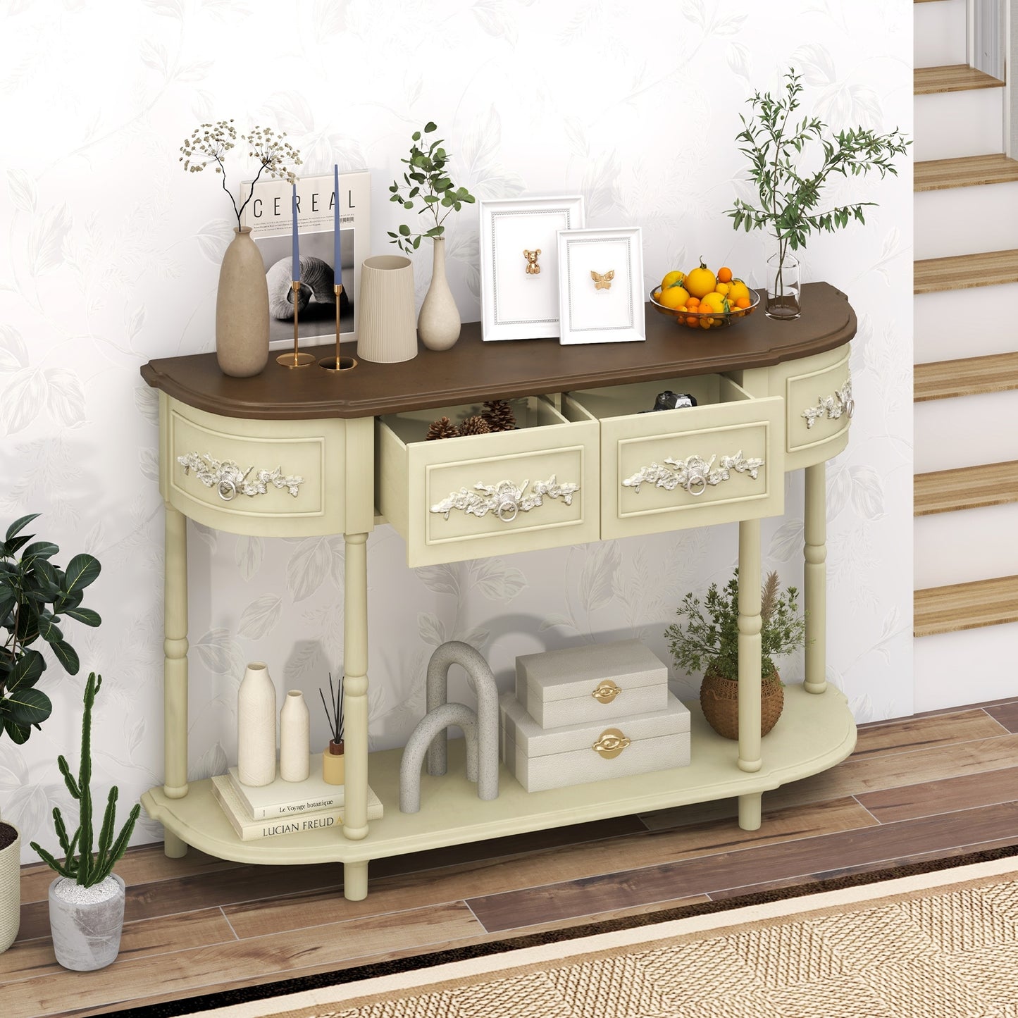 Vintage Curved Console Table with Storage Drawers and Solid Wood Legs