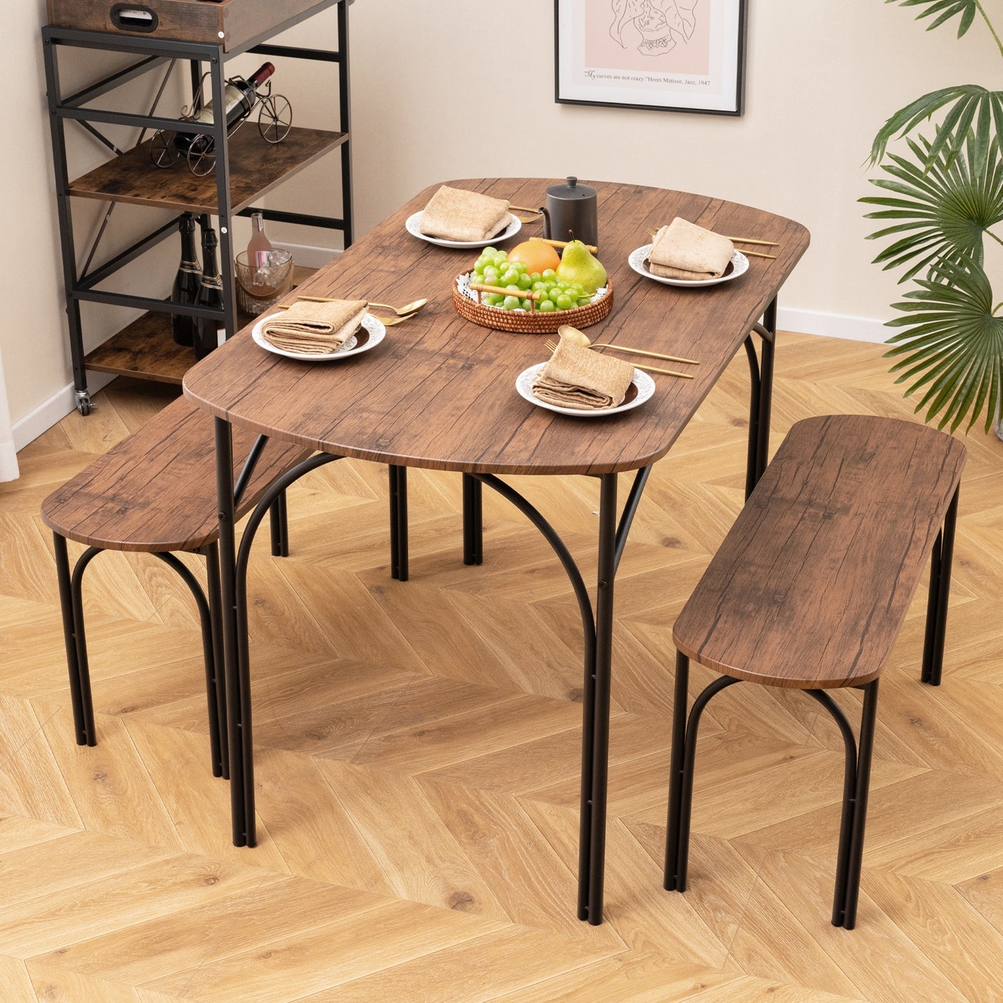 3 Piece Industrial Dining Set with Table and 2 Benches for 4 People Compact Design with Metal Frame