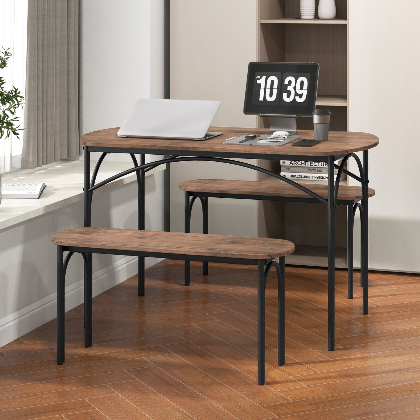 3 Piece Industrial Dining Set with Table and 2 Benches for 4 People Compact Design with Metal Frame