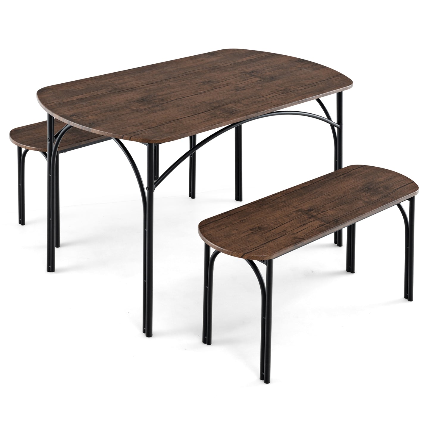 3 Piece Industrial Dining Set with Table and 2 Benches for 4 People Compact Design with Metal Frame