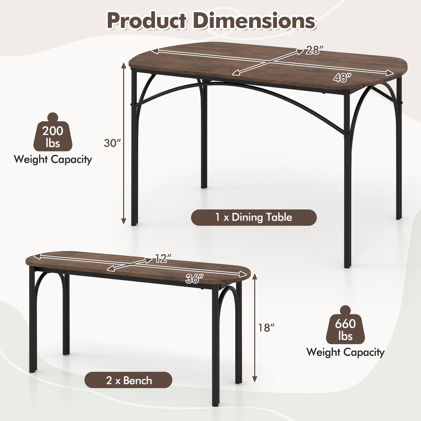 3 Piece Industrial Dining Set with Table and 2 Benches for 4 People Compact Design with Metal Frame