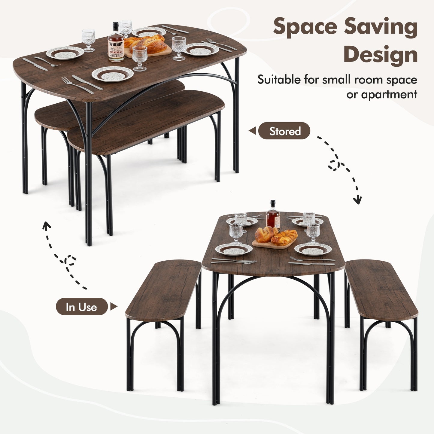 3 Piece Industrial Dining Set with Table and 2 Benches for 4 People Compact Design with Metal Frame