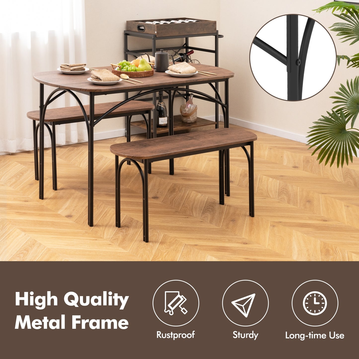 3 Piece Industrial Dining Set with Table and 2 Benches for 4 People Compact Design with Metal Frame