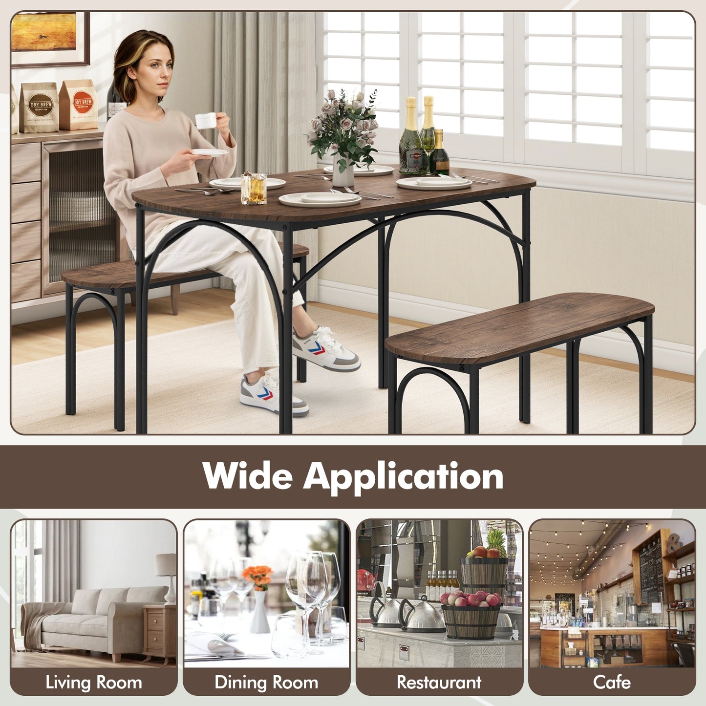 3 Piece Industrial Dining Set with Table and 2 Benches for 4 People Compact Design with Metal Frame