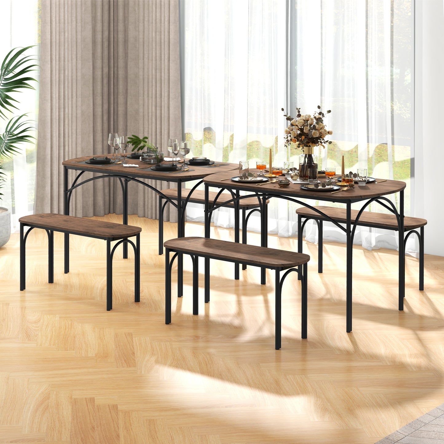 3 Piece Industrial Dining Set with Table and 2 Benches for 4 People Compact Design with Metal Frame