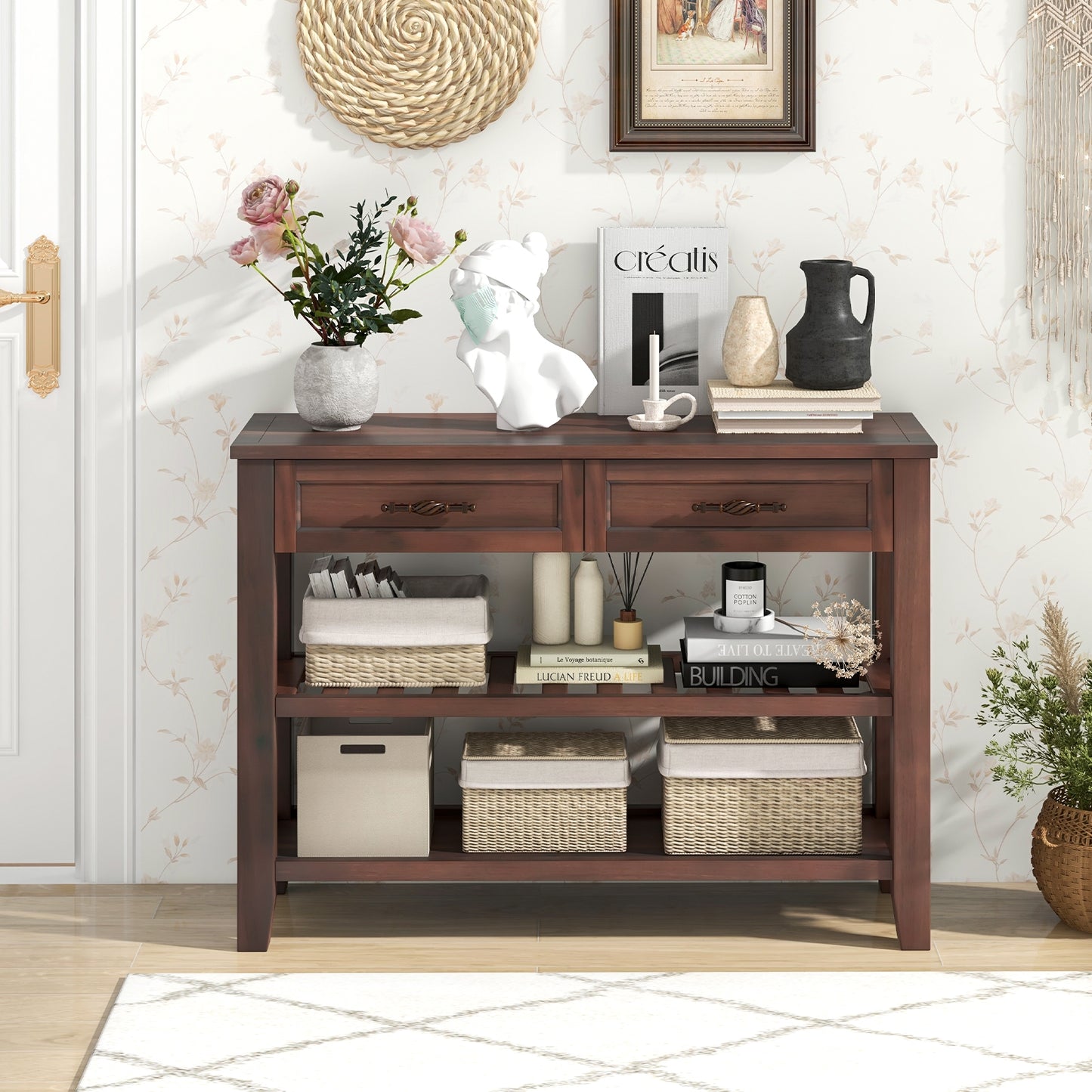 Wood Console Table with 2 Drawers and 3-Tier Storage for Hallway or Living Room