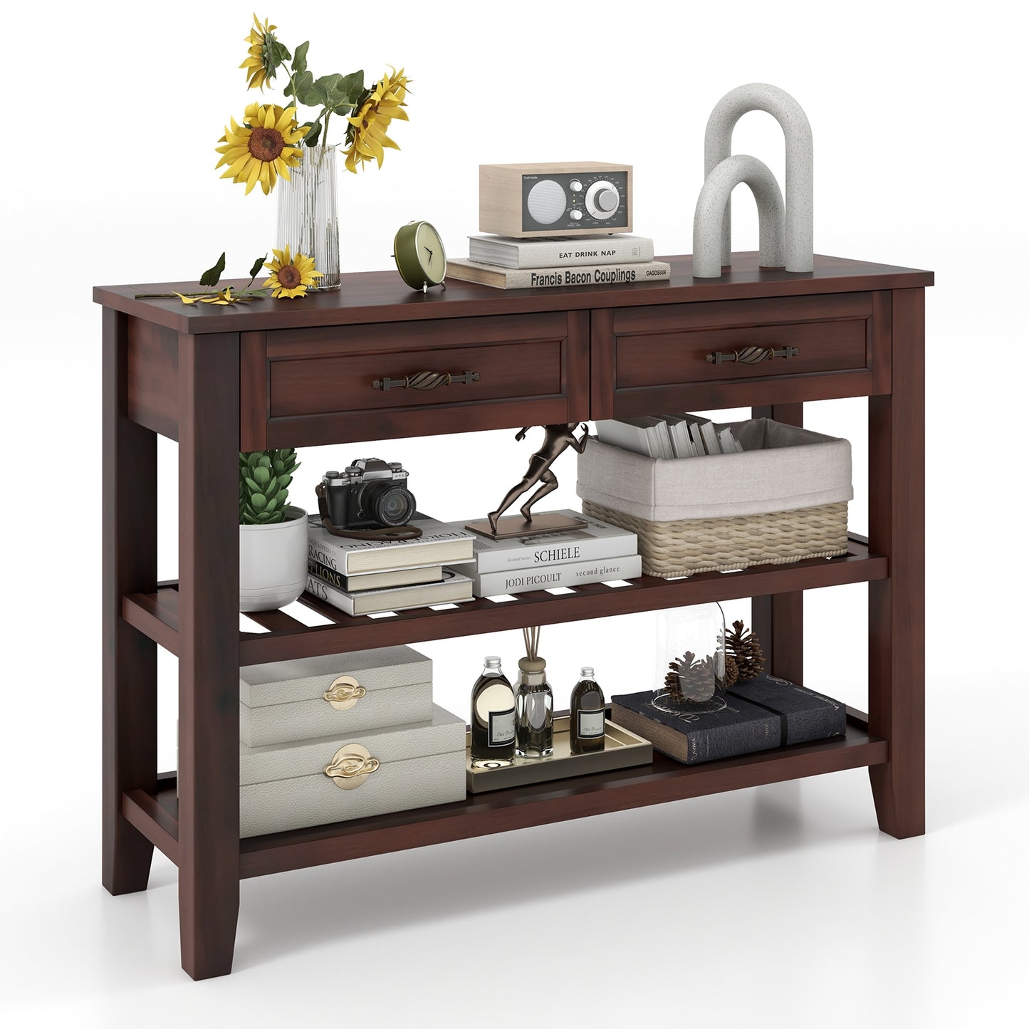 Wood Console Table with 2 Drawers and 3-Tier Storage for Hallway or Living Room