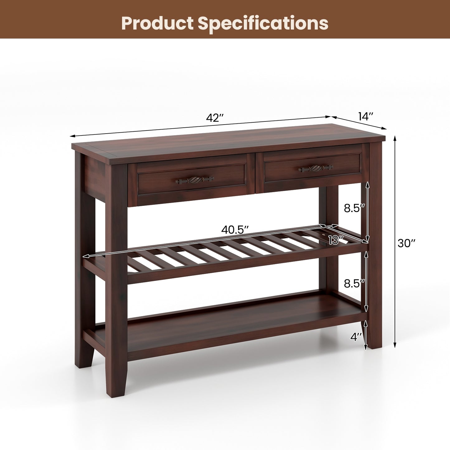Wood Console Table with 2 Drawers and 3-Tier Storage for Hallway or Living Room