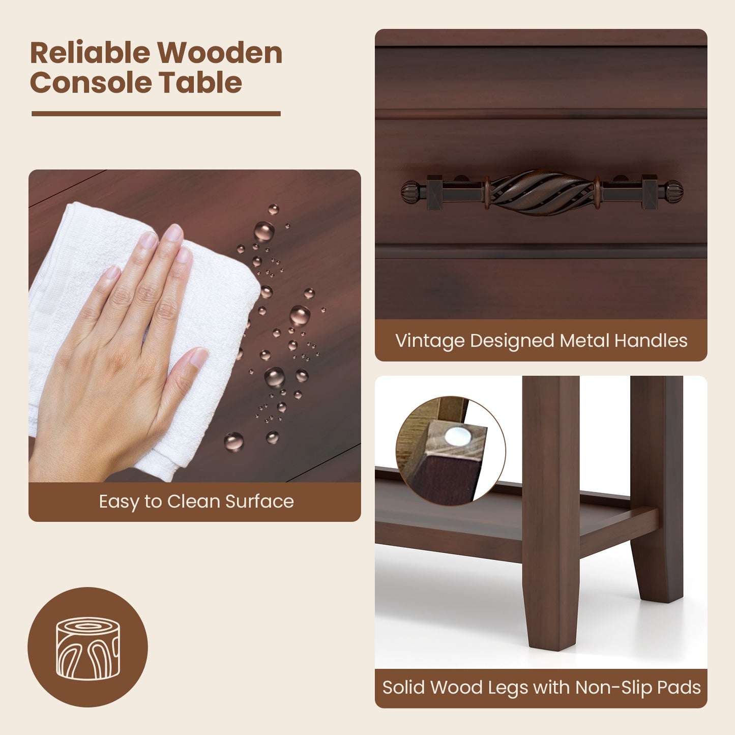 Wood Console Table with 2 Drawers and 3-Tier Storage for Hallway or Living Room