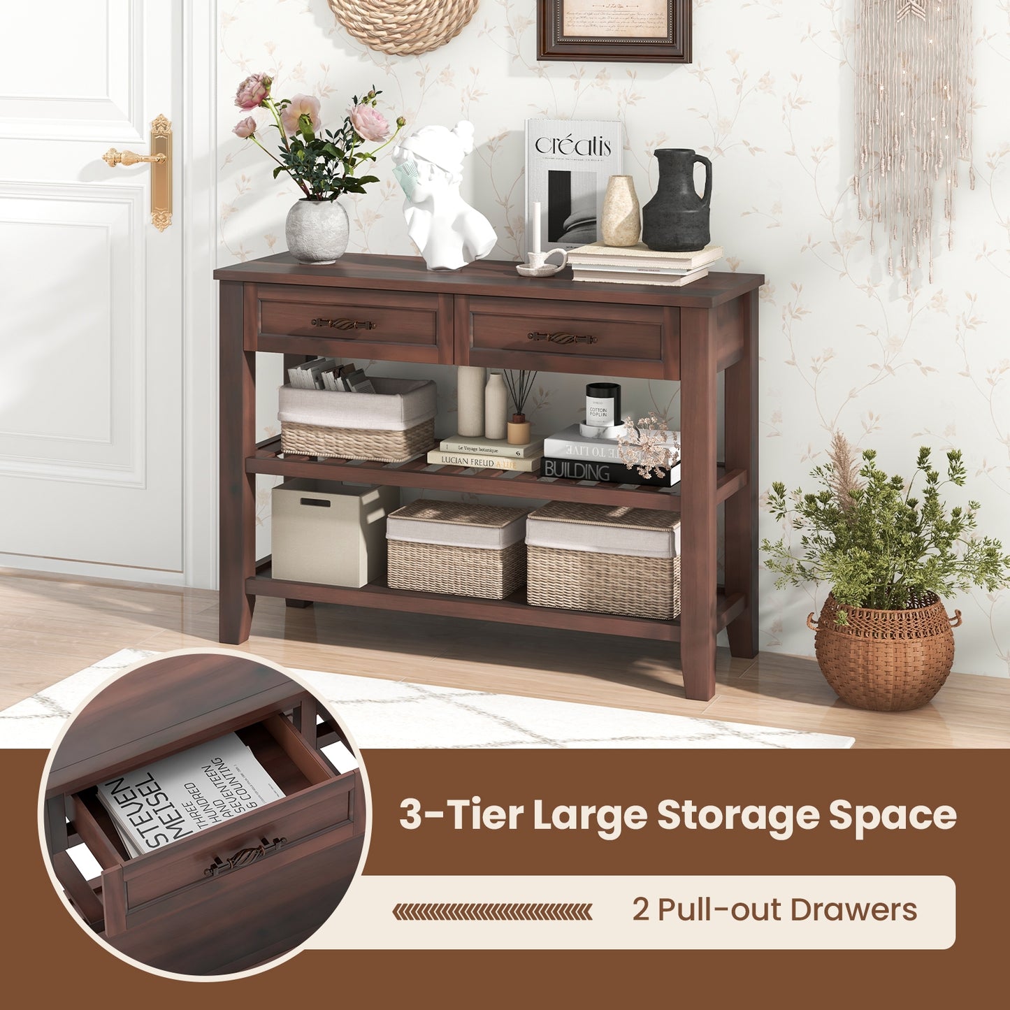Wood Console Table with 2 Drawers and 3-Tier Storage for Hallway or Living Room