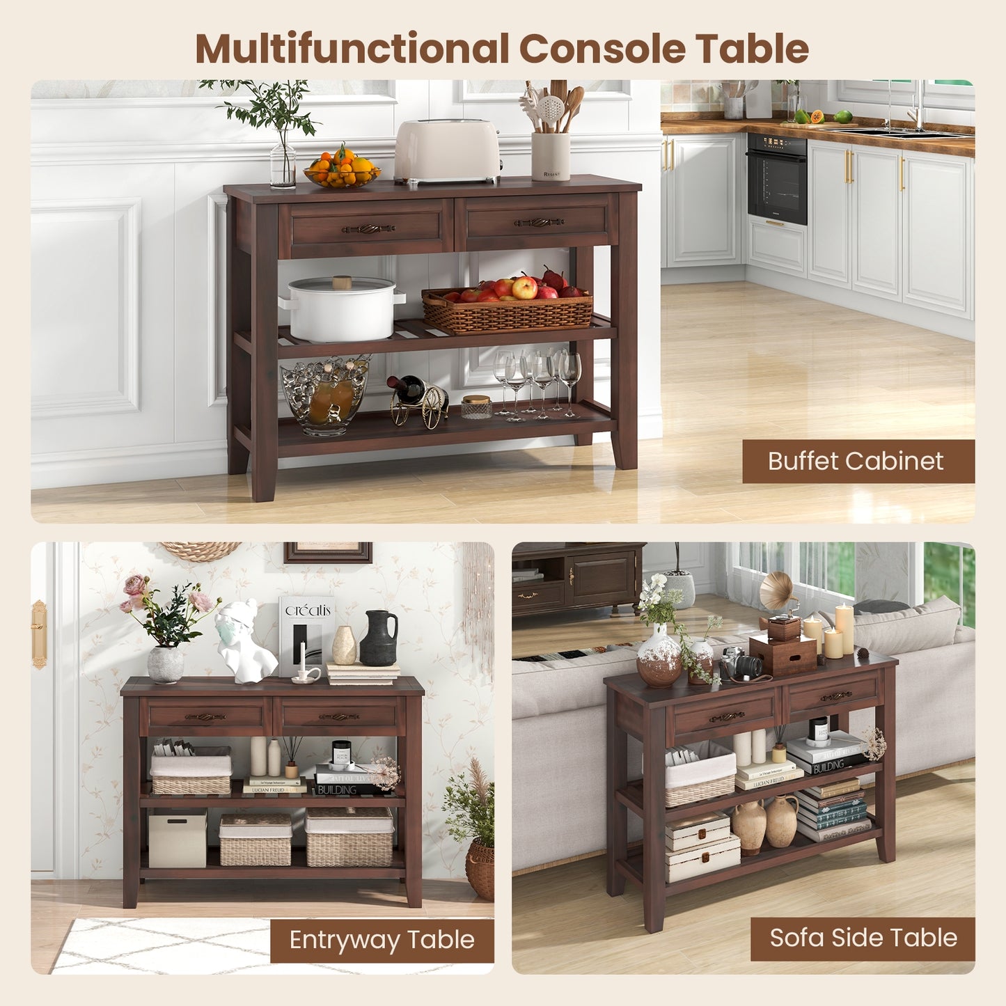 Wood Console Table with 2 Drawers and 3-Tier Storage for Hallway or Living Room
