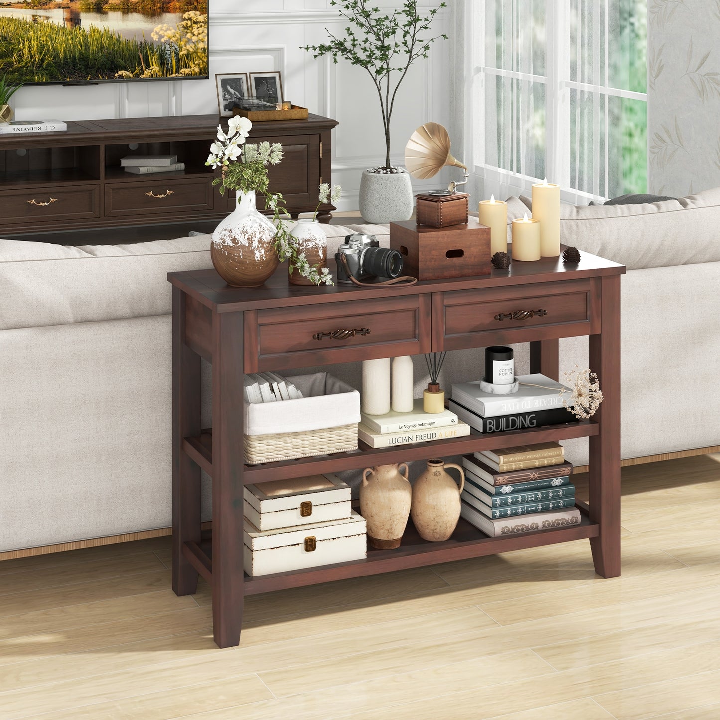 Wood Console Table with 2 Drawers and 3-Tier Storage for Hallway or Living Room