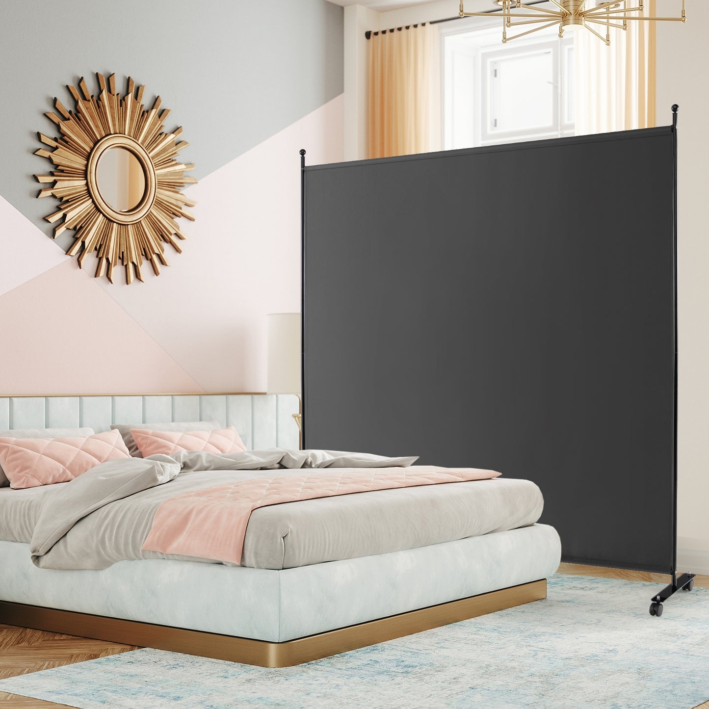 6 Foot Rolling Privacy Screen with Lockable Wheels Single Panel Divider - Dark Grey