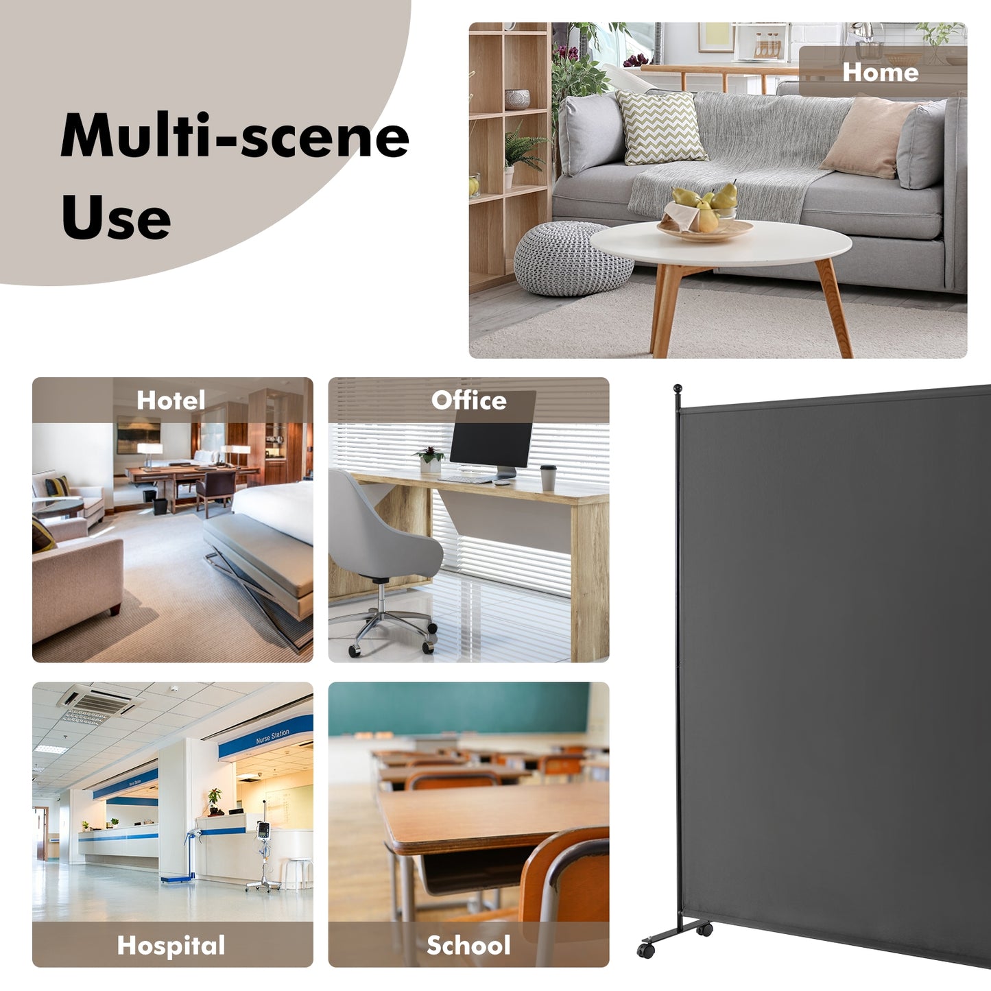 6 Foot Rolling Privacy Screen with Lockable Wheels Single Panel Divider - Dark Grey