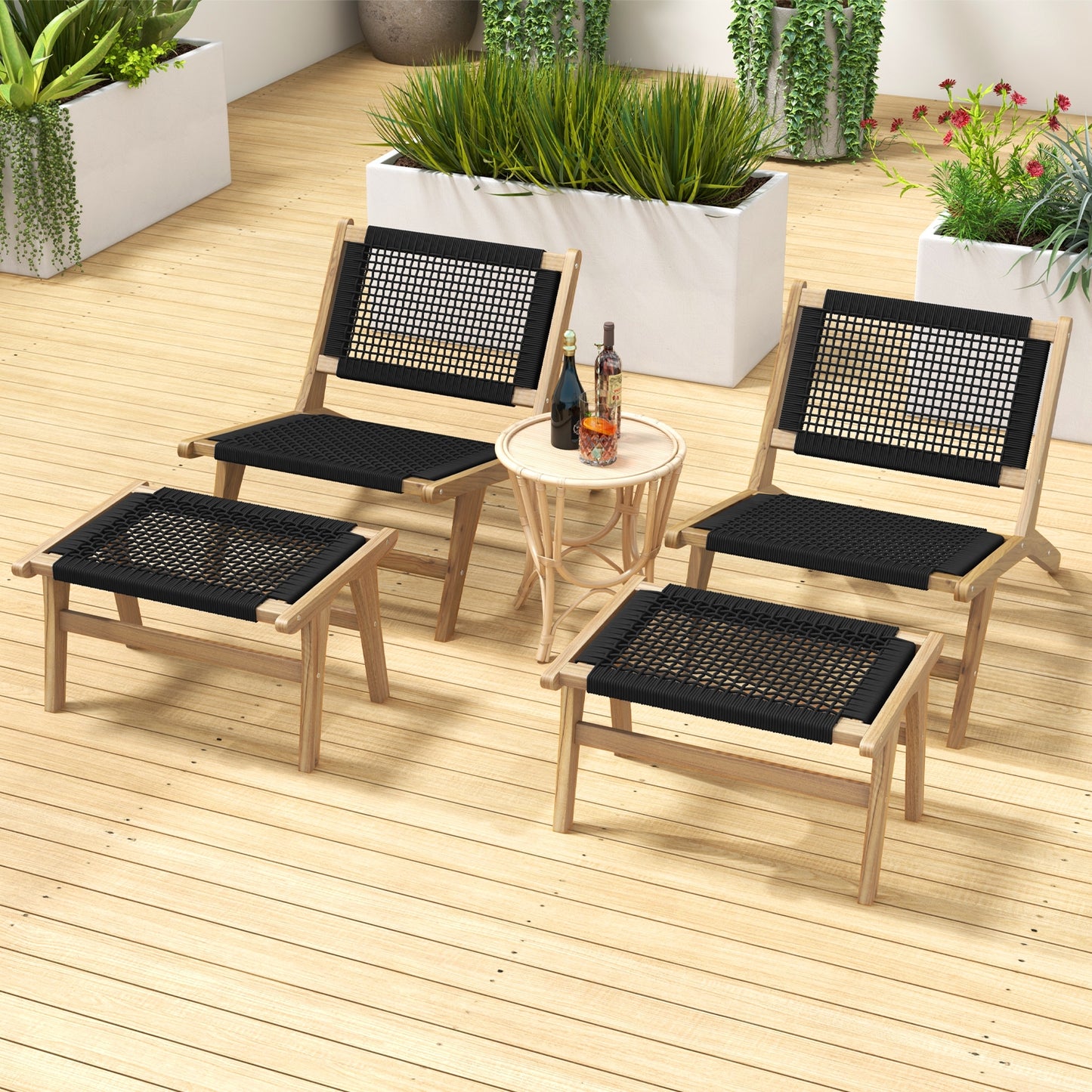 Teak Wood Ottoman Footstool with Handwoven Cordage for Indoor and Outdoor Use