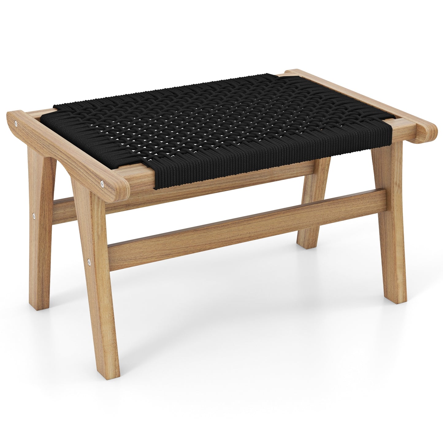 Teak Wood Ottoman Footstool with Handwoven Cordage for Indoor and Outdoor Use