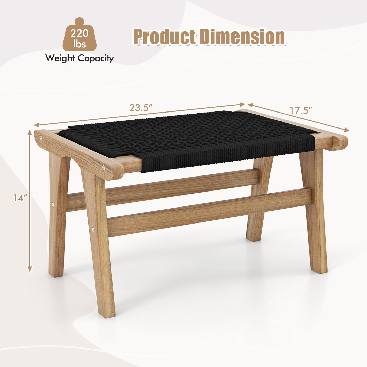Teak Wood Ottoman Footstool with Handwoven Cordage for Indoor and Outdoor Use