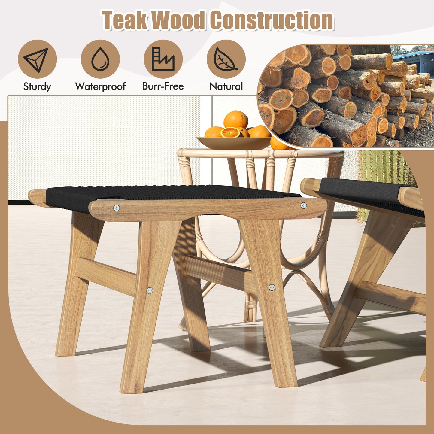 Teak Wood Ottoman Footstool with Handwoven Cordage for Indoor and Outdoor Use