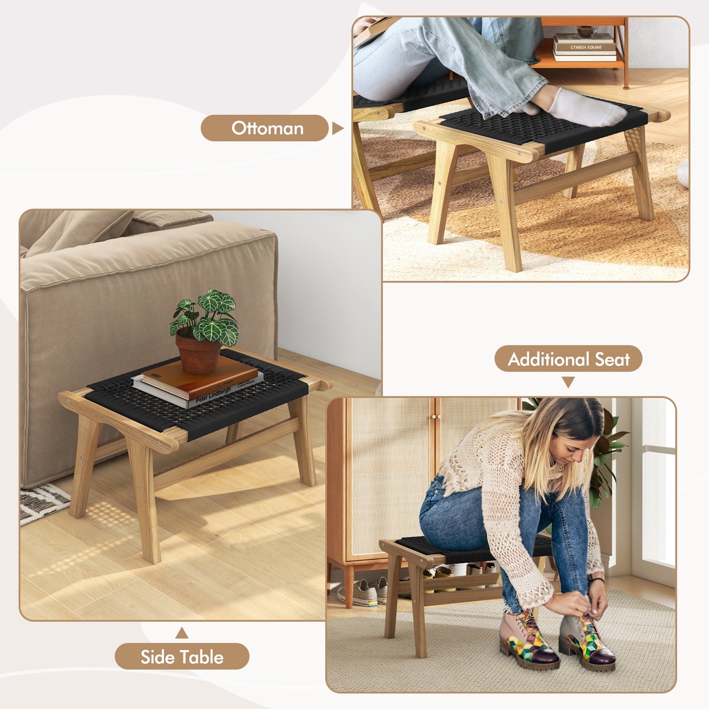 Teak Wood Ottoman Footstool with Handwoven Cordage for Indoor and Outdoor Use