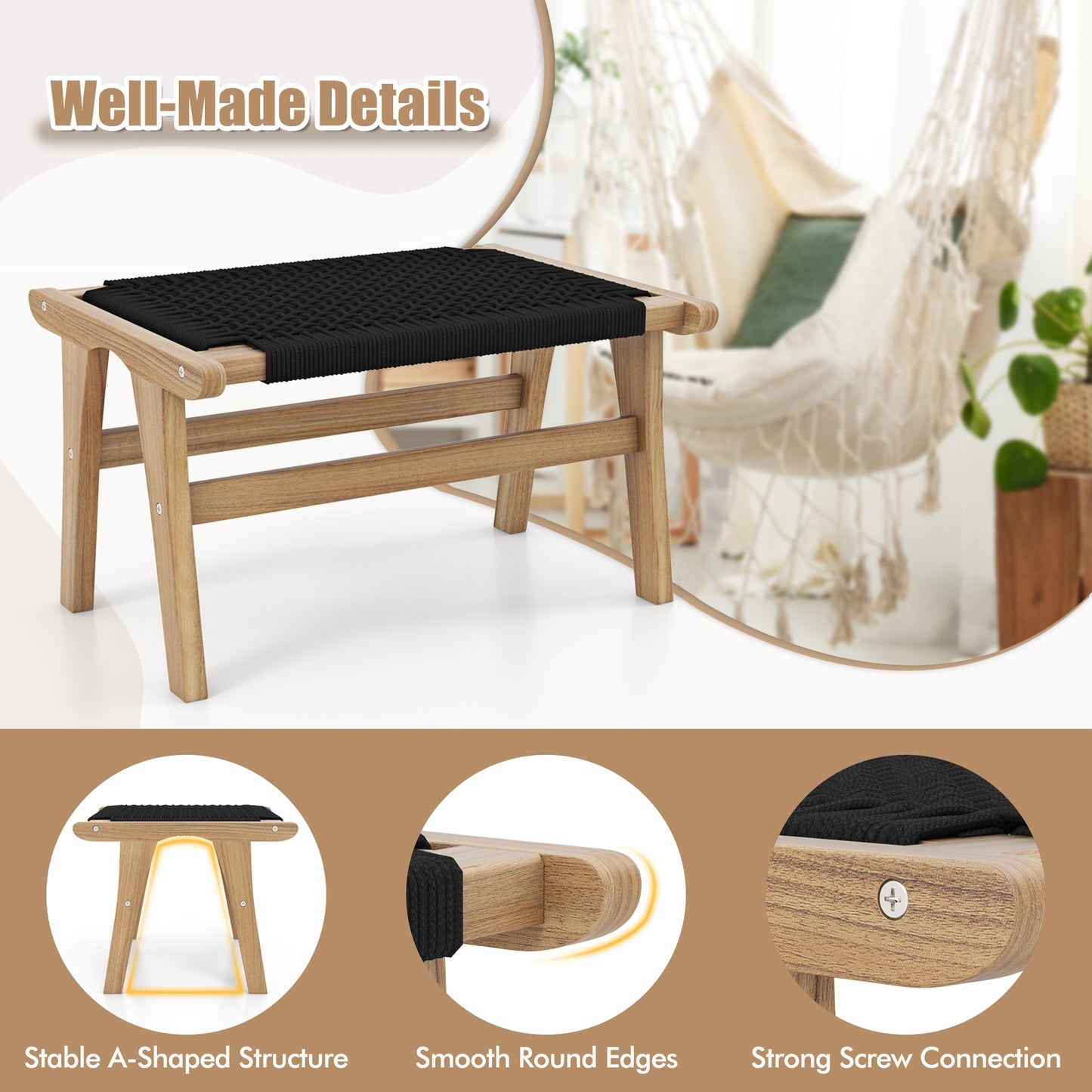 Teak Wood Ottoman Footstool with Handwoven Cordage for Indoor and Outdoor Use