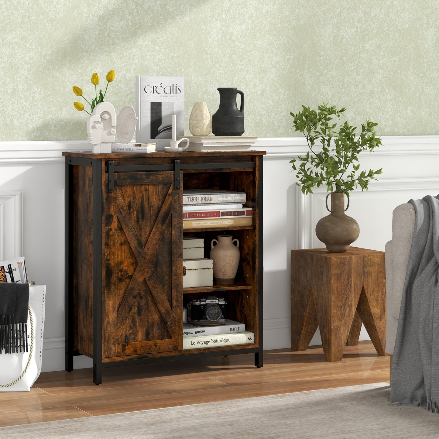 Farmhouse Sideboard Buffet Cabinet with Sliding Barn Door and Adjustable Shelves 32 Inch