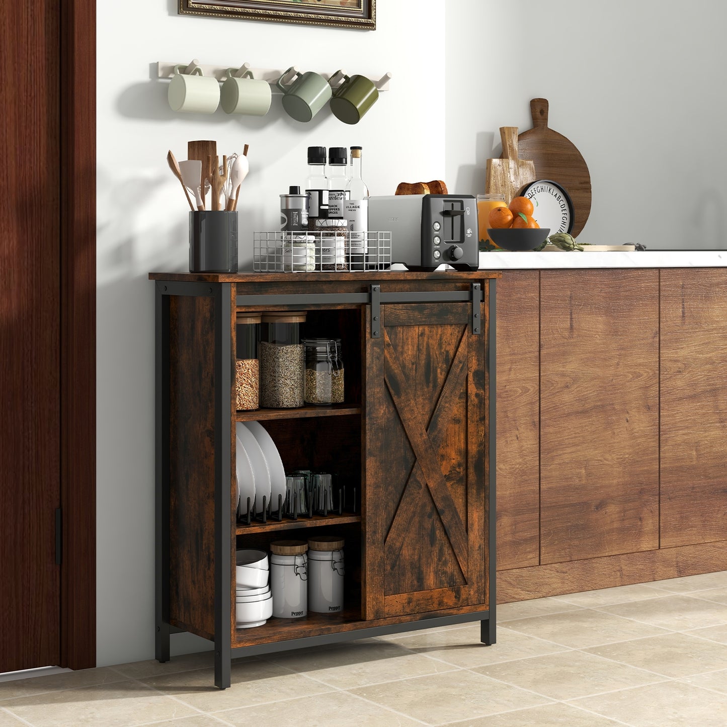 Farmhouse Sideboard Buffet Cabinet with Sliding Barn Door and Adjustable Shelves 32 Inch