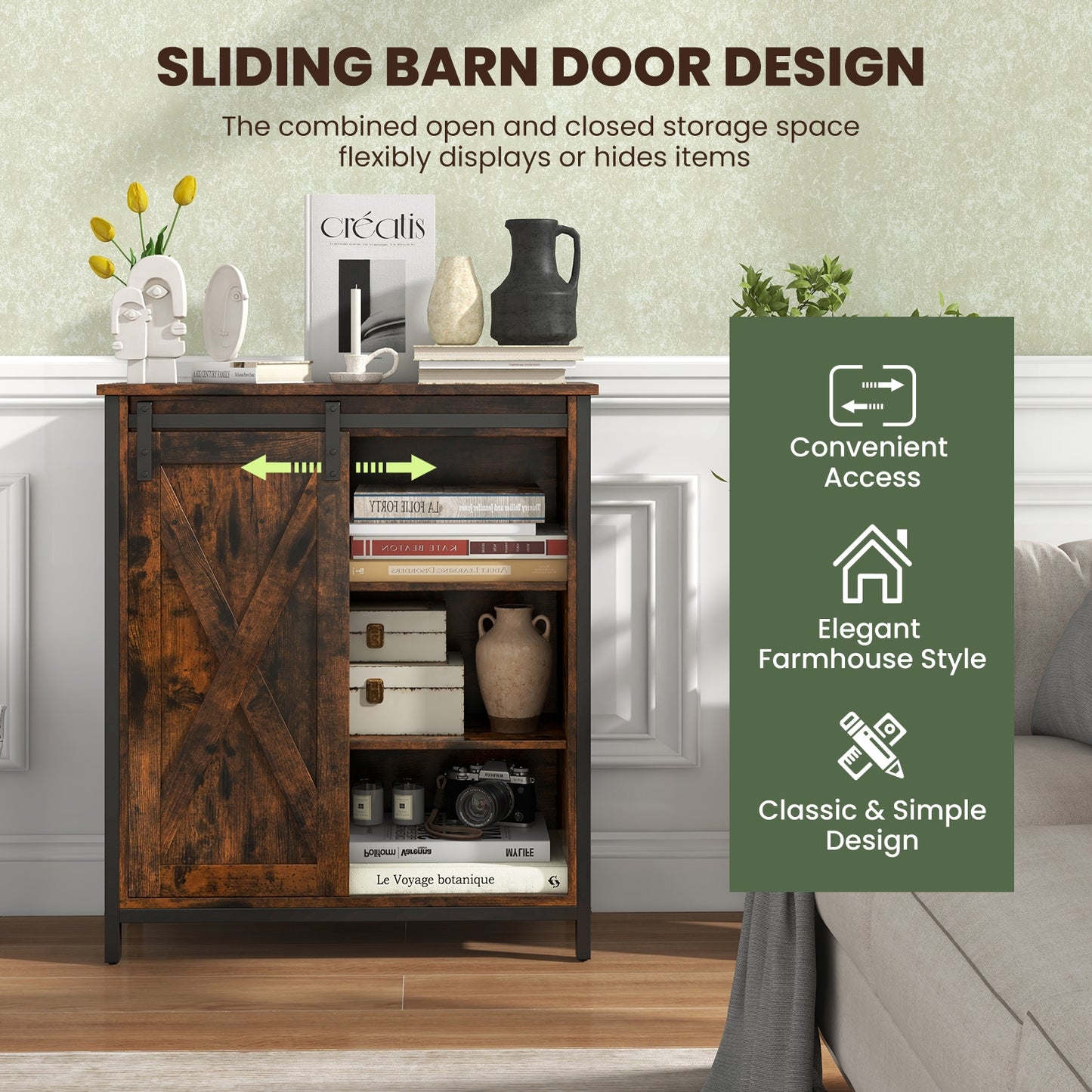 Farmhouse Sideboard Buffet Cabinet with Sliding Barn Door and Adjustable Shelves 32 Inch
