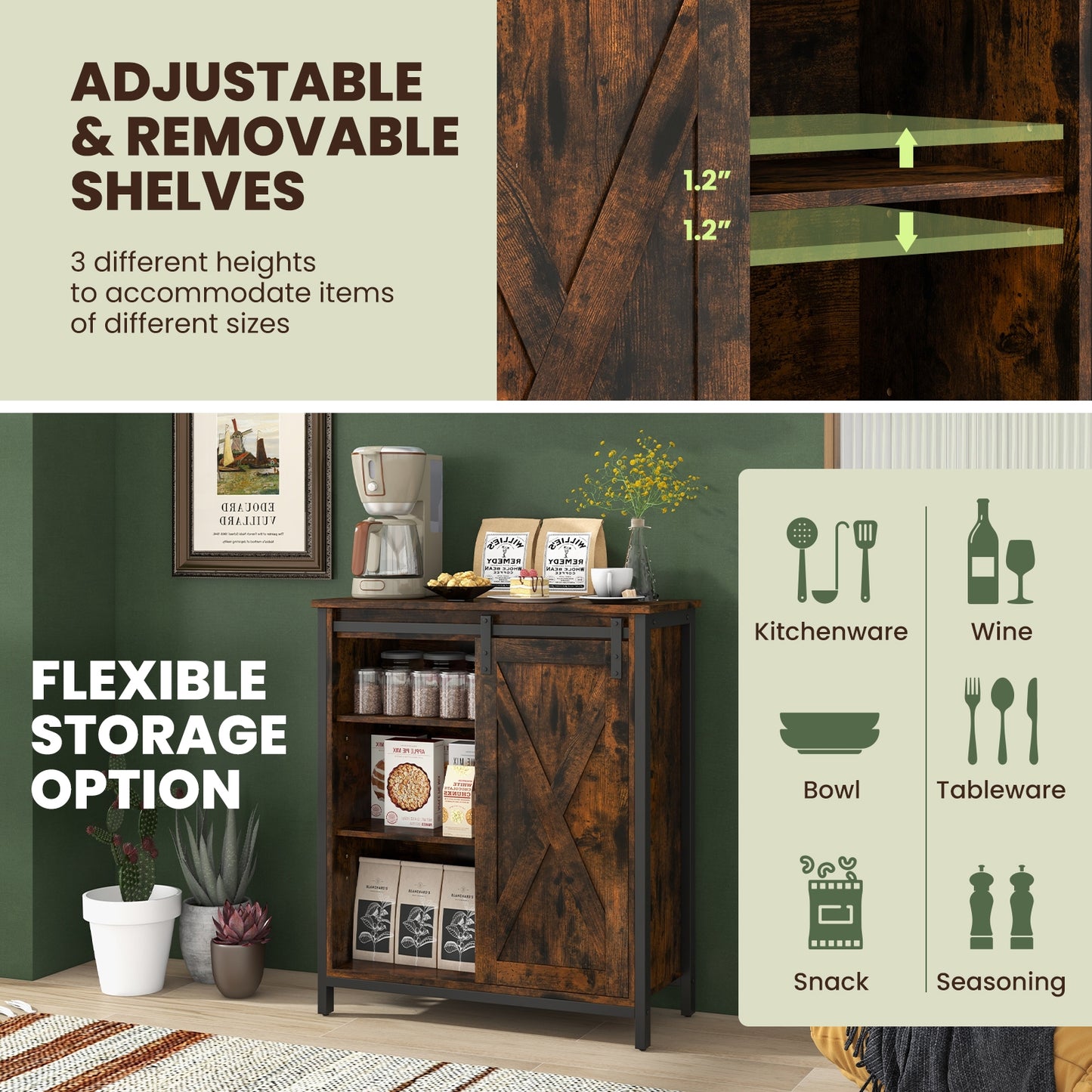 Farmhouse Sideboard Buffet Cabinet with Sliding Barn Door and Adjustable Shelves 32 Inch