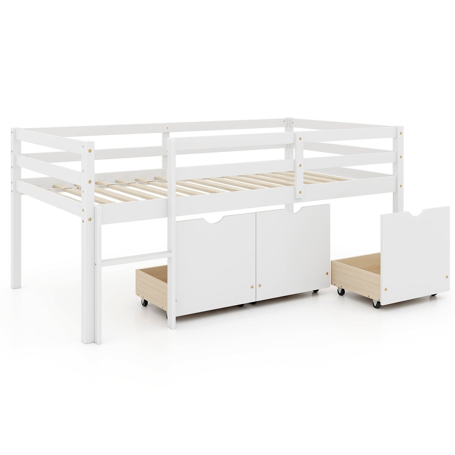 Kids Twin Low Loft Bed with 3 Storage Drawers and Safety Guardrails – White