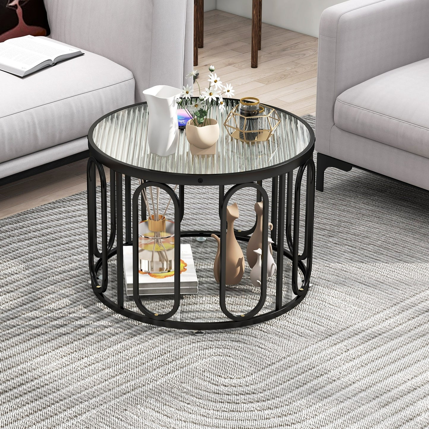 Contemporary Round Coffee Table with Textured Tempered Glass and Adjustable Swivel Oval Brackets - Black