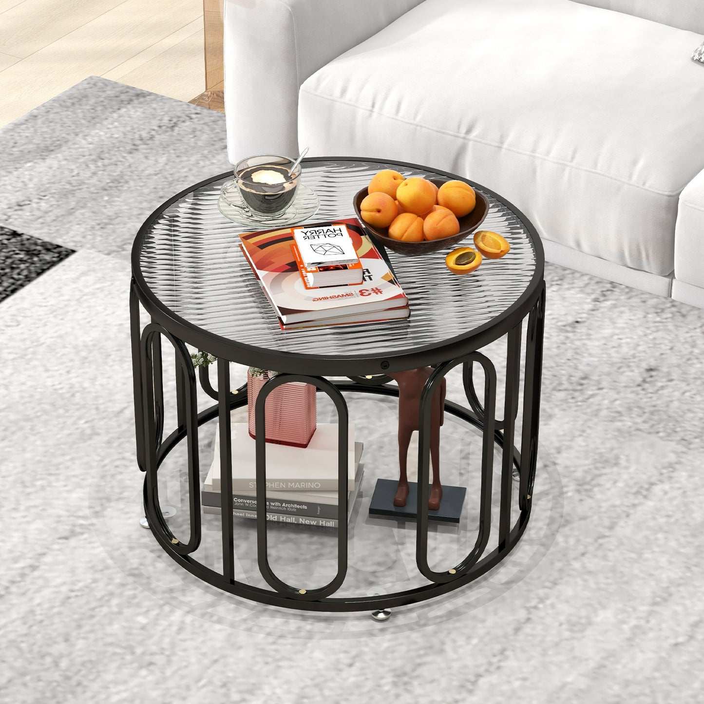 Contemporary Round Coffee Table with Textured Tempered Glass and Adjustable Swivel Oval Brackets - Black