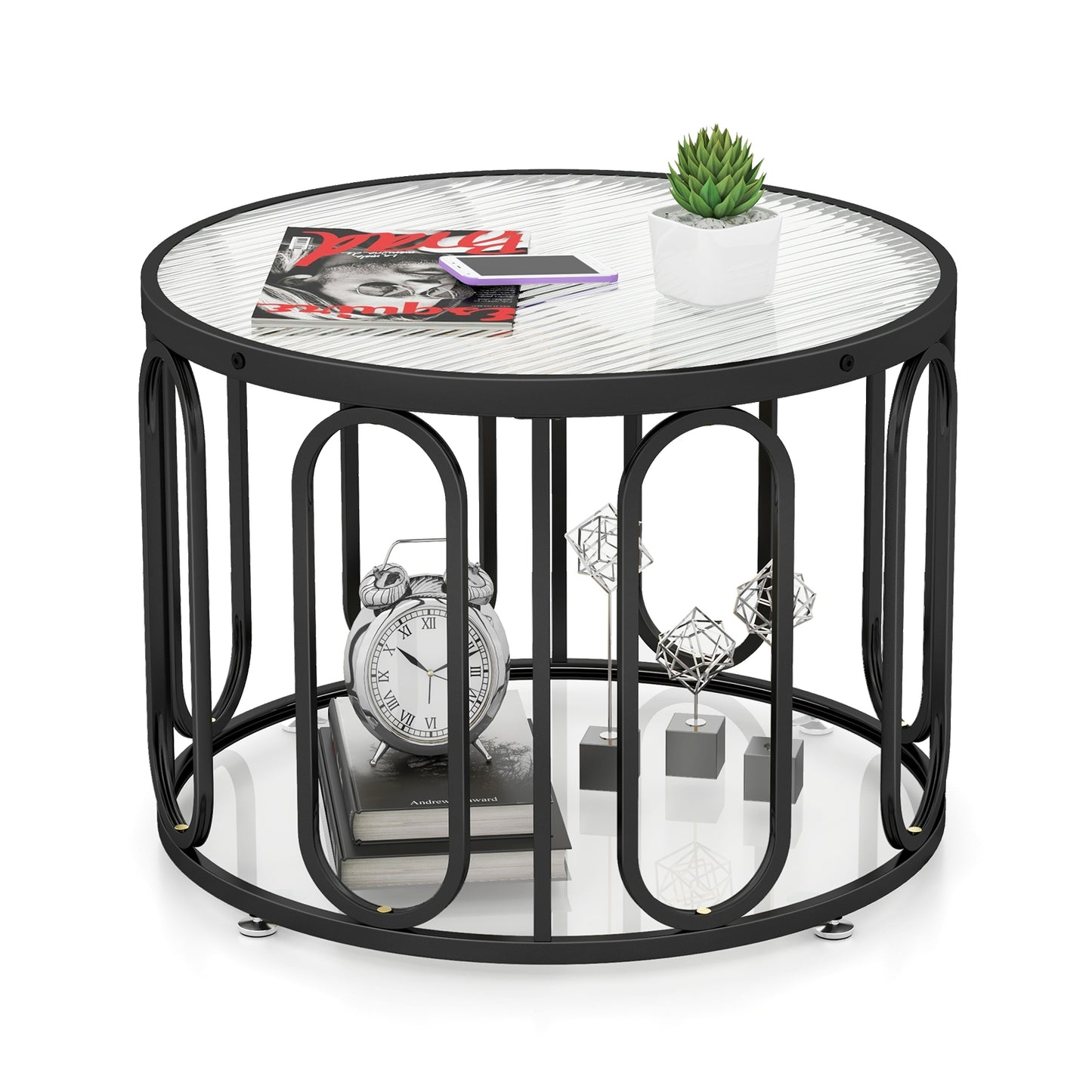 Contemporary Round Coffee Table with Textured Tempered Glass and Adjustable Swivel Oval Brackets - Black