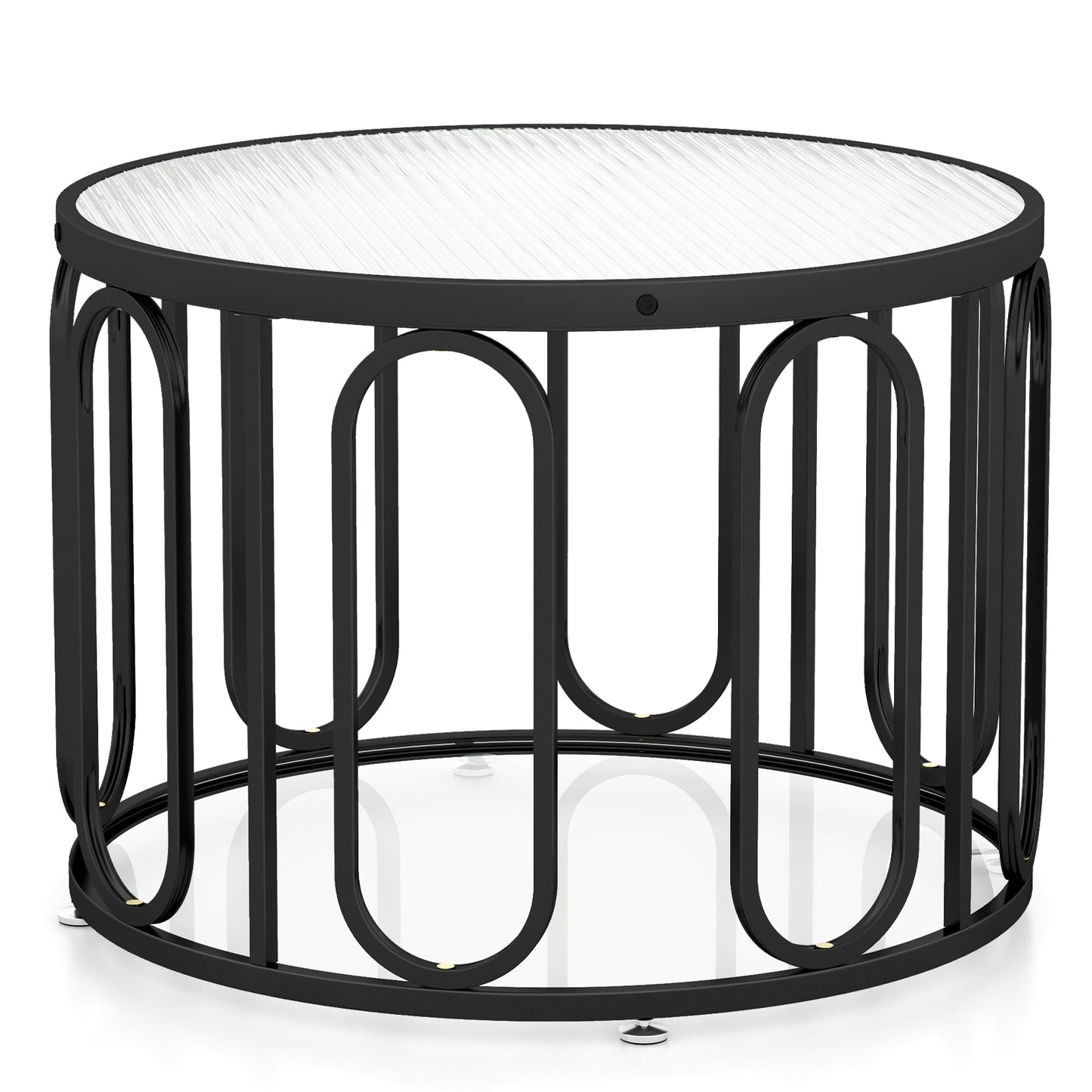 Contemporary Round Coffee Table with Textured Tempered Glass and Adjustable Swivel Oval Brackets - Black