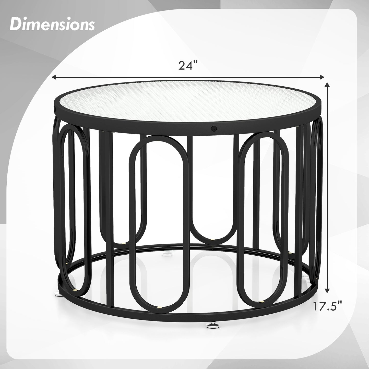 Contemporary Round Coffee Table with Textured Tempered Glass and Adjustable Swivel Oval Brackets - Black