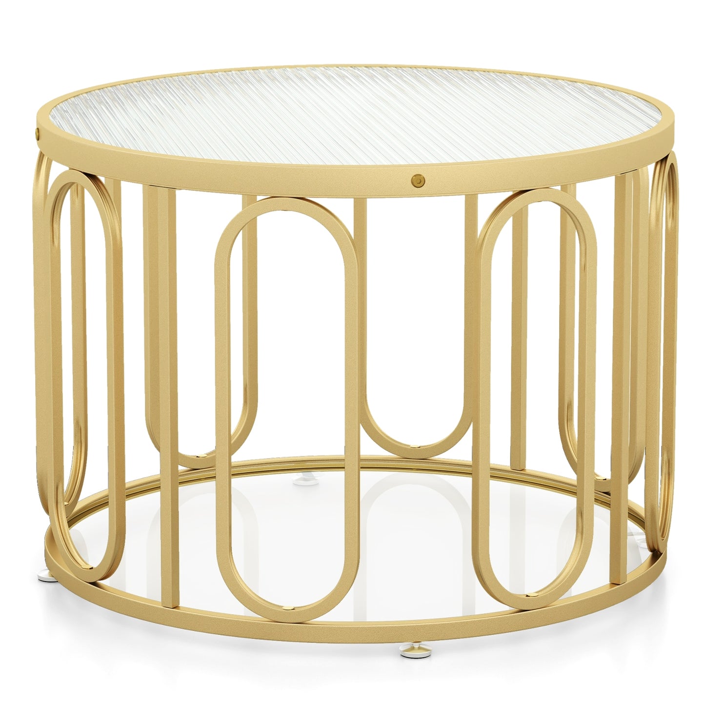 Contemporary Round Coffee Table with Textured Tempered Glass and Adjustable Swivel Oval Brackets - Golden